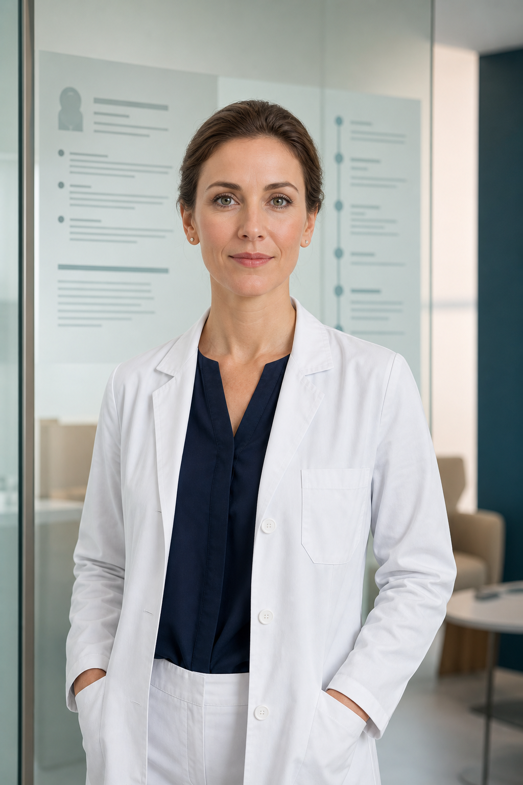 Professionelles Porträt von Dr. med. Clara Neumann mit angedeutetem Lebenslauf im Hintergrund