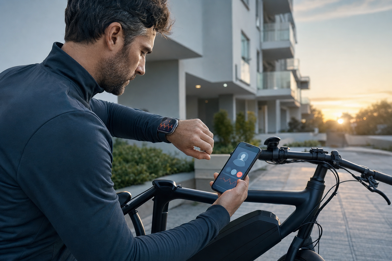 Mann mit E-Bike prüft Puls und digitalen Gesundheitscheck am Smartphone
