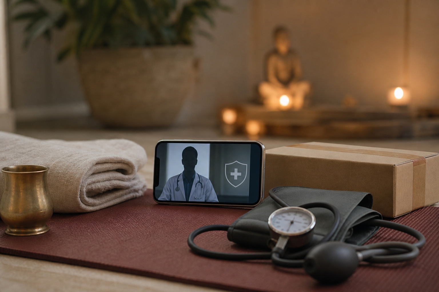 Yoga-Stillleben mit Blutdruckmanschette, neutralem Apothekenpaket und digitalem E-Rezept