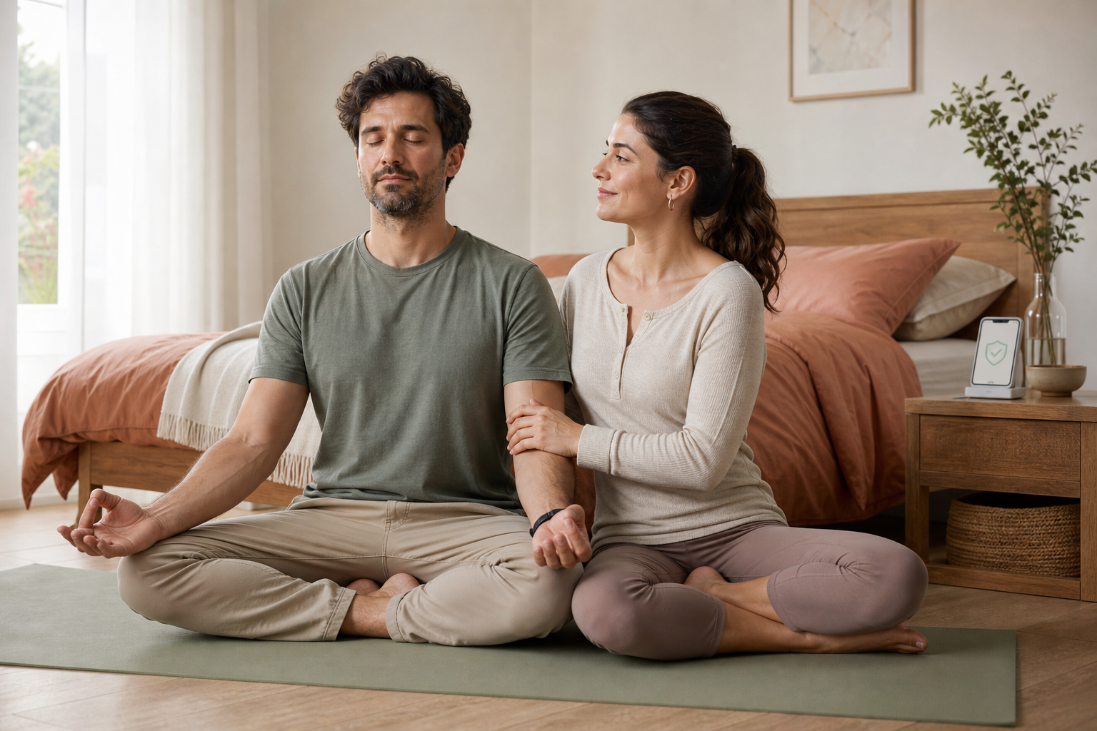 Erwachsenes Paar in einem stillen Schlafzimmer mit Yoga-Matte und digitalem Gesundheitscheck